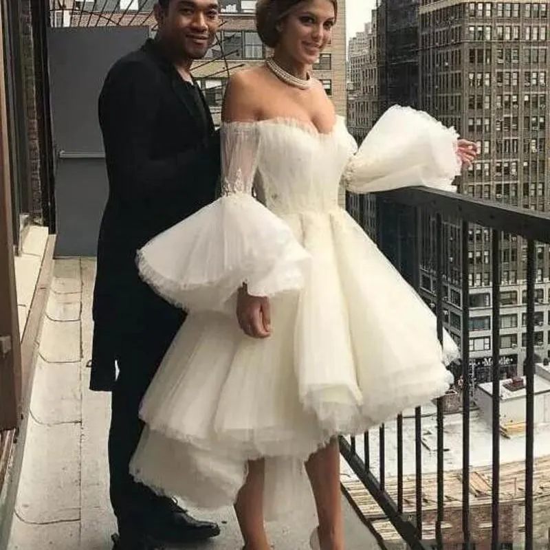 Ivory Short Wedding Dresses Off Shoulder Poet Tiered High Low