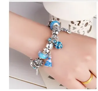 Blauer Charm-Anhänger aus 925er-Sterlingsilber, passend für europäische Pandora-Armbänder für Frauen, Cinderella-Kristall-Schuh-Charm-Perlen, Schlangenkette, Modeschmuck