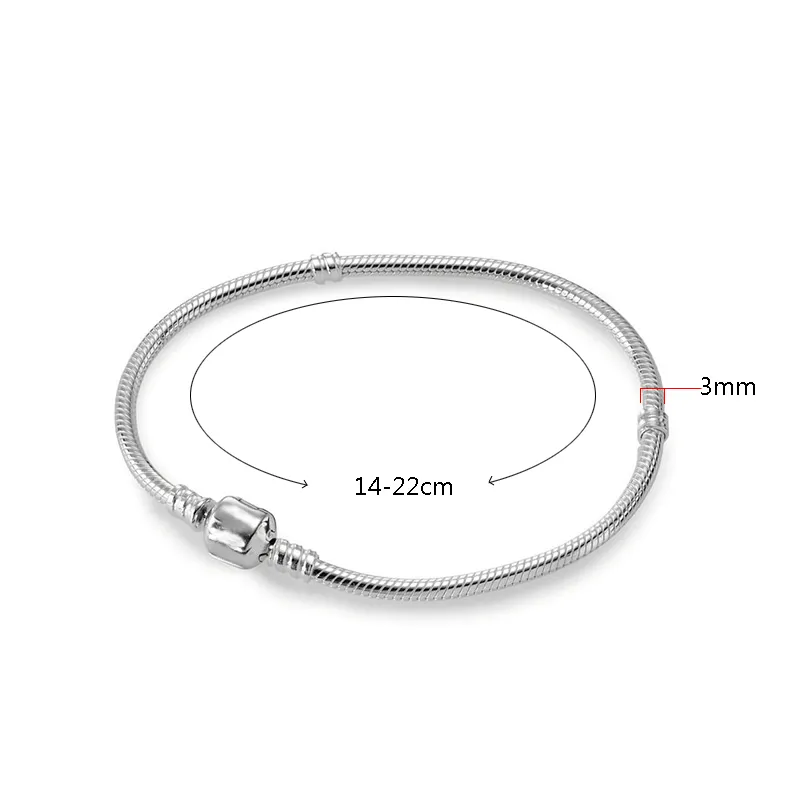 100% 925 Sterling Silber Armbänder mit Originalbox 3mm Schlangenkette Fit Pandora Charme Perlen Armband -Armband Schmuck für Frauen MEN253C