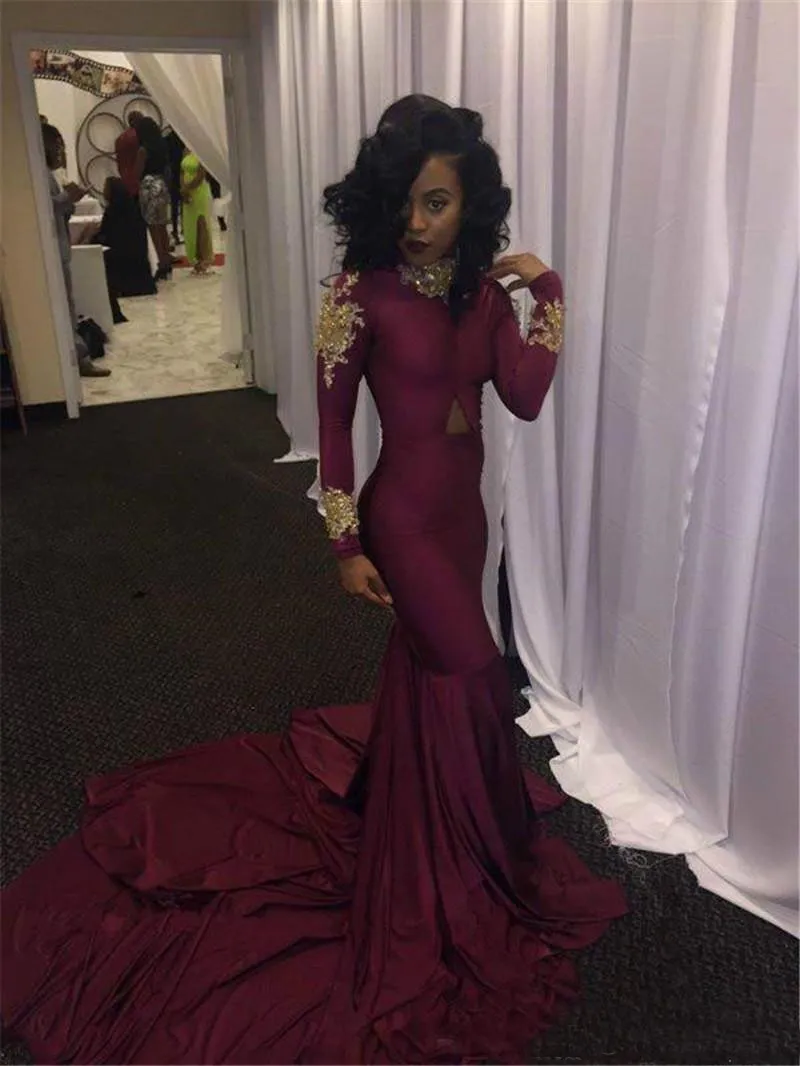 2K18 African Black Girl Prom -klänningar Långa ärmar Guldapplikationer billiga Bourgogne Evening Dress Mermaid Formella festklänningar Real P284C