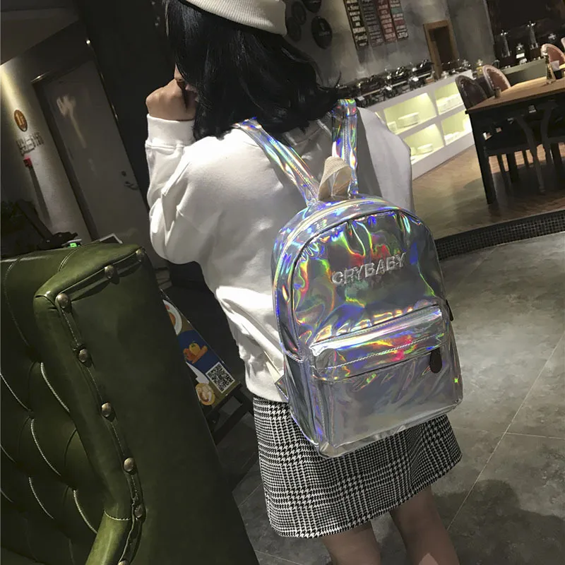 2018 New Girl pu Letter Crybaby Hologram Laser Backpack Bag Soft Large Capacity pensonal School Bag 