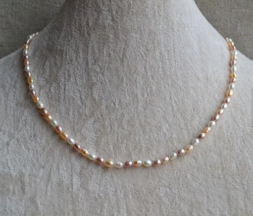 Small Pearl Jewellery,18inches 3.5x5mm White Pink Lavender Mixes Color Genuine Freshwater Pearl Necklace,Flower Girl Jewelry.