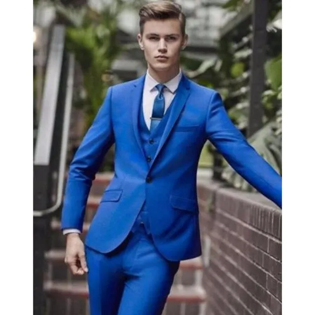 Royal Blue 3 Piece Suit Men Wedding Tuxedos Bardegroom Groomsmen Garnitury Mężczyźni Business Party Prom Blazer (Kurtka + Spodnie + Łuki krawat + kamizelka) 1251