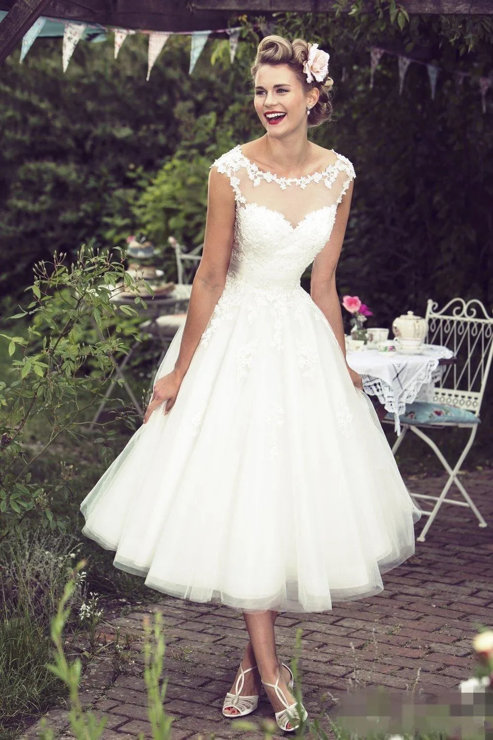 Vintage Ivory Lace Tea Length Tea Length wedding dress with Sheer Neckline and Capped Sleeves - Customizable Plus Size Bridal Gown HY4161
