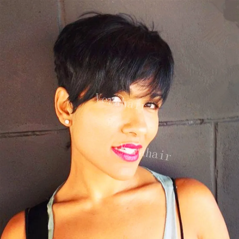 New Short Pixie Cut Wig Peruvian Cuts Hair Natural Straight Glueless Full Lace Front Human Hair Bob Paryk för svarta kvinnor