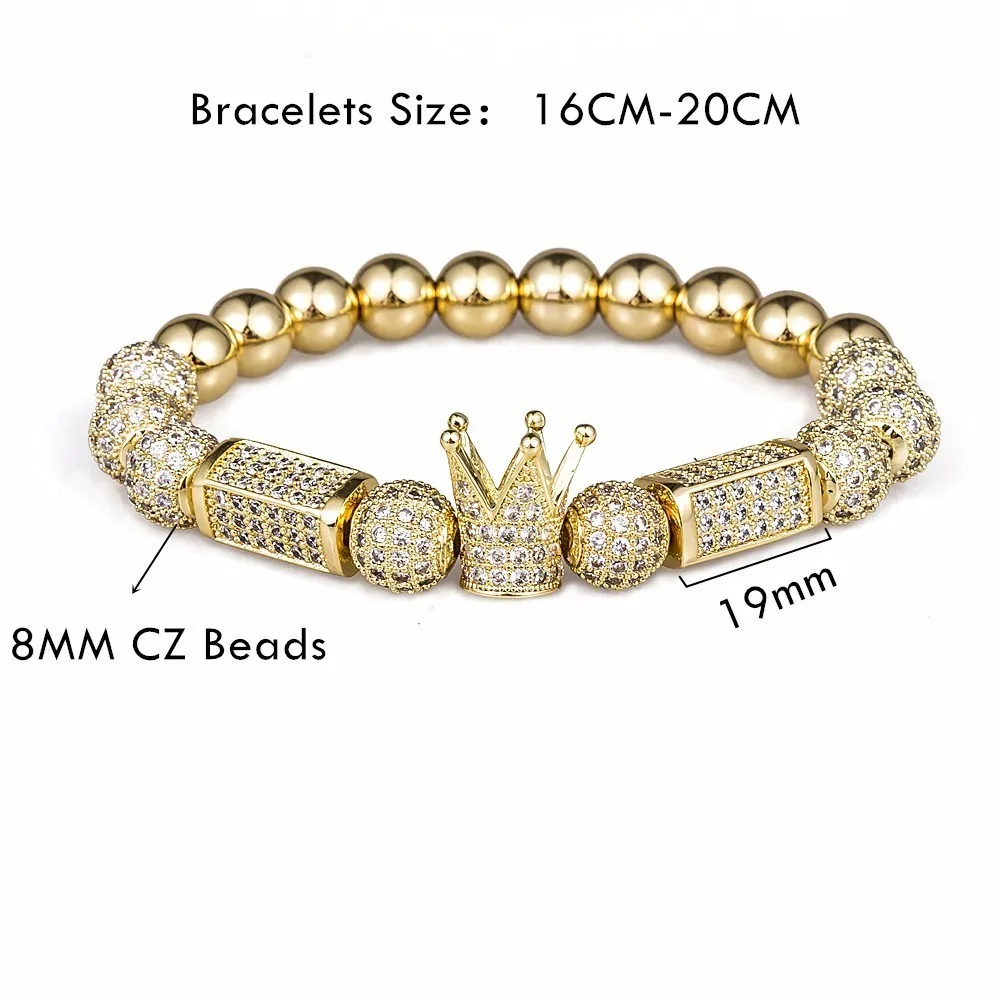 2018 Brand Trendy Imperial Crown Charm Bracelets 8MM Micro Pave CZ Round Bead Women Men Copper Jewelry Pulseras Mujer Bileklik273M