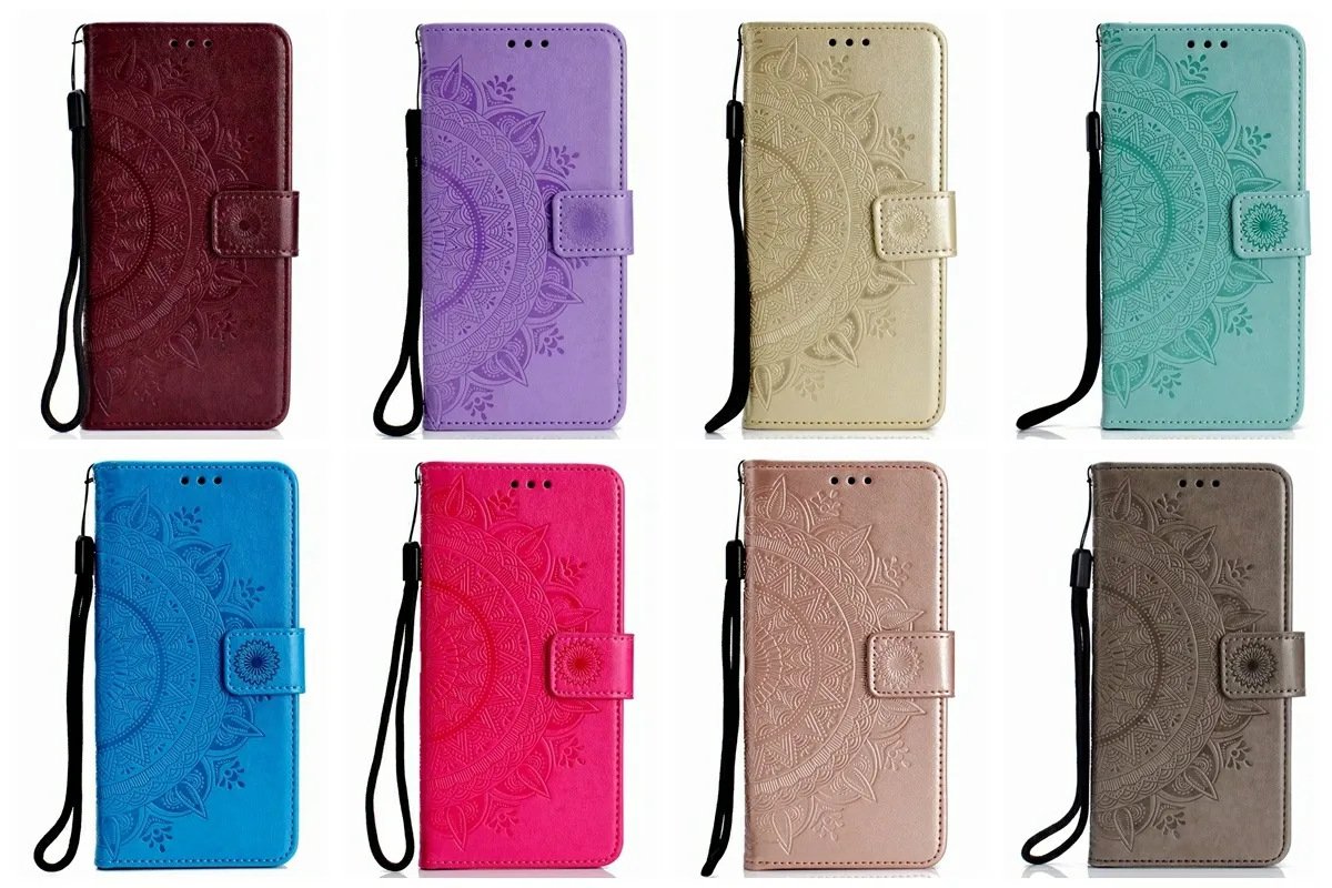 Imprint Datura Flower Leather Wallet Cases For Iphone 15 Plus 14 Pro Max 13 12 11 XR XS MAX X 8 7 6 Iphone15 Embossed Totem Lace Card Slot Mandala Flip Cover Book Pouch Strap