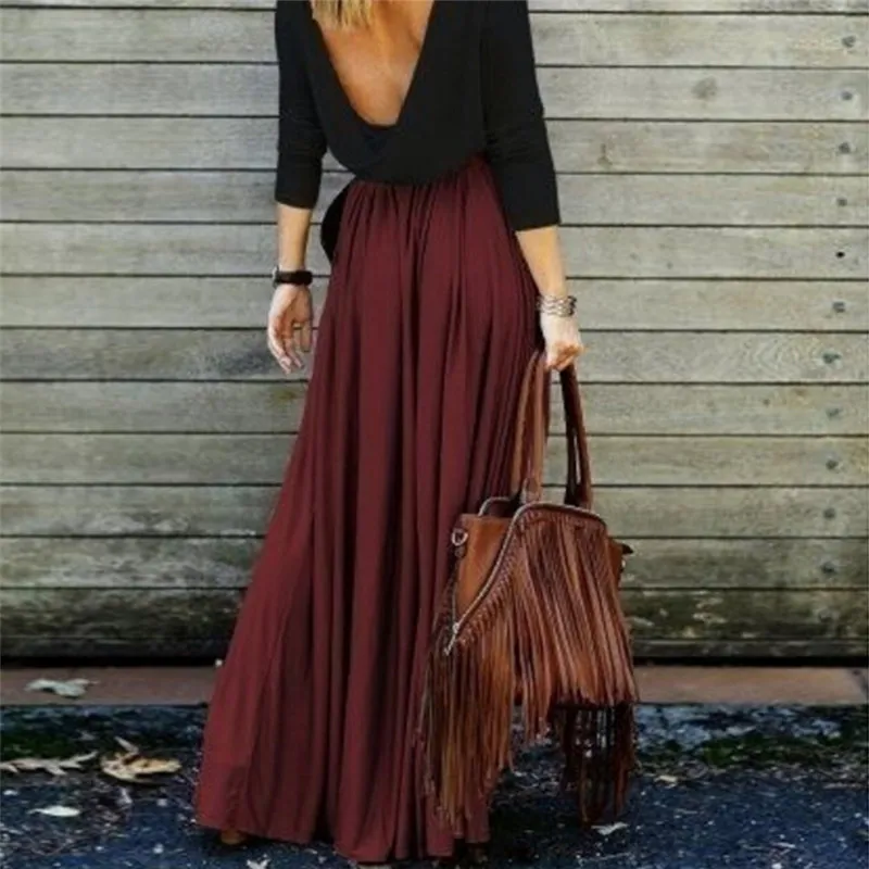 Long Skirt Elegant Women Pleated Maxi Skirts Floor Length Saia Vintage Saias Womens Solid Faldas 2018