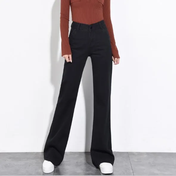 2018 invierno jeans para mujer pierna sueltos pantalones vaqueros negros mujer cintura alta