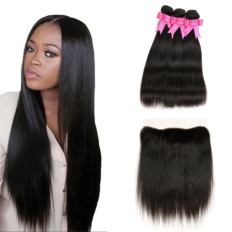 Straight Human Hair Bundles With Frontal Cheap Brazilian Virgin Hair Weave 3 Bundles with 13x4 Lace Frontal Natural Color Hair Extension