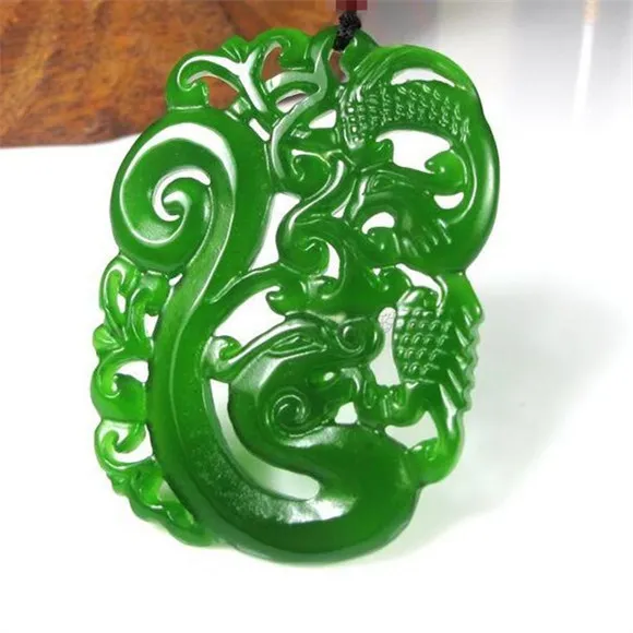 Ny naturlig jade Kina grön jade hänge halsband amulet lycklig drake och phoenix staty samling sommar ornament