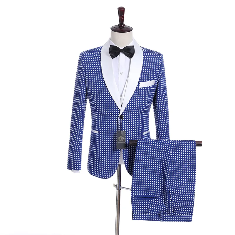 Nya Groomsmen Royal Blue With Dot Groom Tuxedos Shawl Lapel Män Passar Side Vent Bröllop / Prom Best Man Blazer (Jacka + Byxor + Vest + Tie) K942