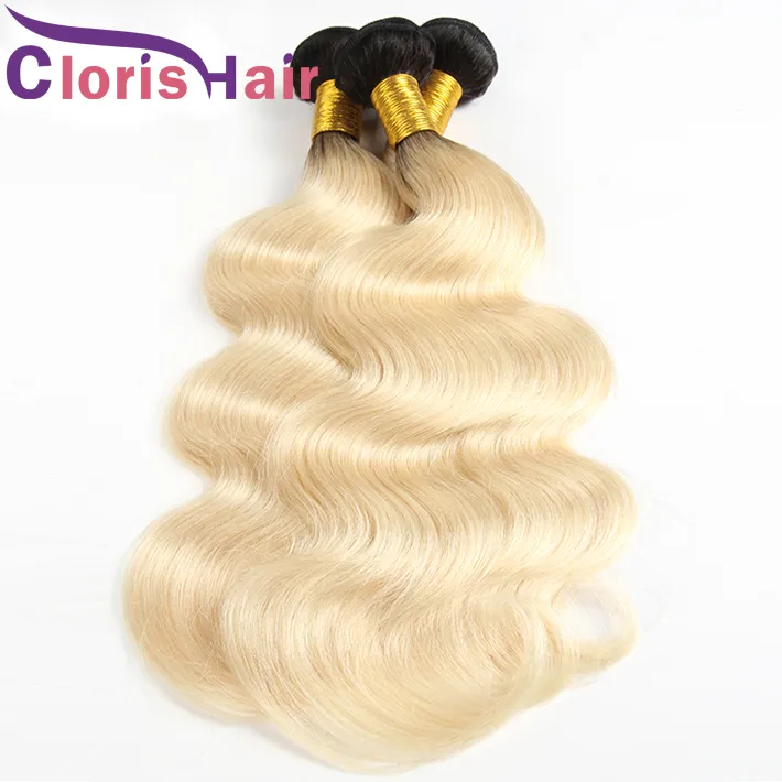 Dark Roots Blonde Human Hair Bundles Brazilian Virgin Body Wave Ombre Weave Colored 1B 613 Platinum Blond Wavy Sew In Extensi3379615