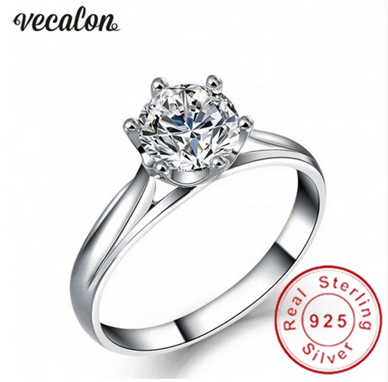 Vecalon Luxus-Ehering für Frauen, 1 Karat Diamant, 925er Sterlingsilber, weibliches Verlobungsband, Fingerring, edler Schmuck