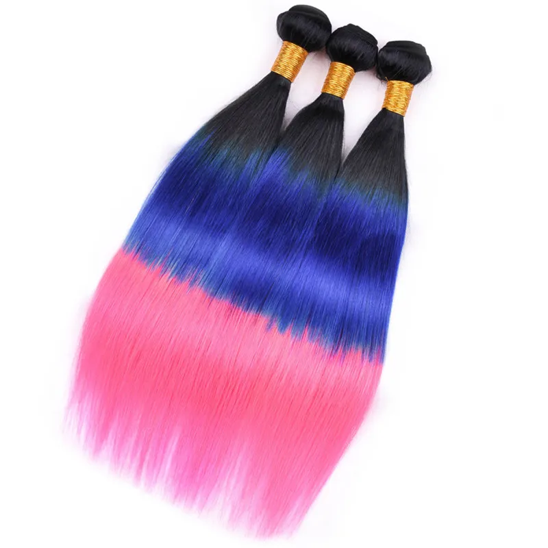 Tre toni colorati # 1B / blu / rosa Ombre capelli umani vergini peruviani tesse 3 pacchetti con chiusura superiore in pizzo 4x4 dritto serico