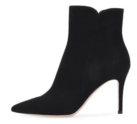 Kvinnor Pointy Black Faux Suede High Heel Ankel Stövlar med dragkedja Mörkgröna Heeled Booties Blue Boots Grå Heels Damskor