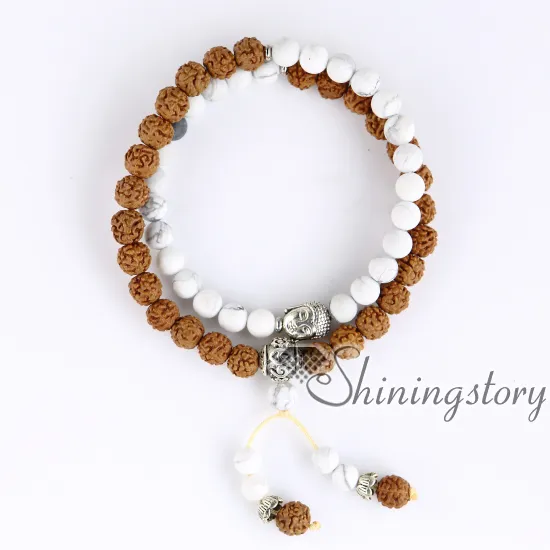 Bracciale Rudraksha, Mala 21 Perline, Perlina Guru In Legno Di Sandalo, 5 Mukhi, Perline Da 9 Mm, Mala Da Polso Buddista, Mala Da Polso Tibetano, Misura Regolabile - Italia - Foto 3