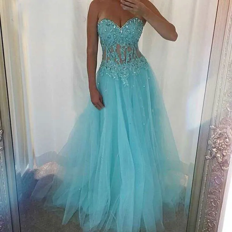 Sexy illusie prom jurken licht aqua blauwe tule vloer lengte avond feestjurken lieverd mouwloze kralen kristallen kant applicaties