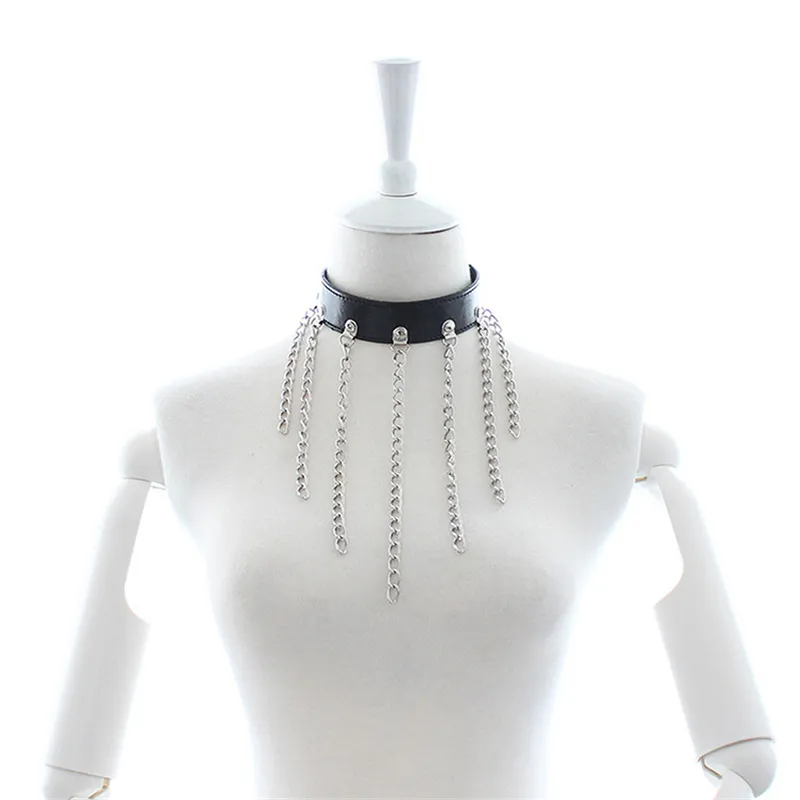 Cuero Cadena de metal Borlas Esclavo BDSM Collar Collar Sexy Bondage Restricciones Fetsih Ropa erótica Juguetes sexuales