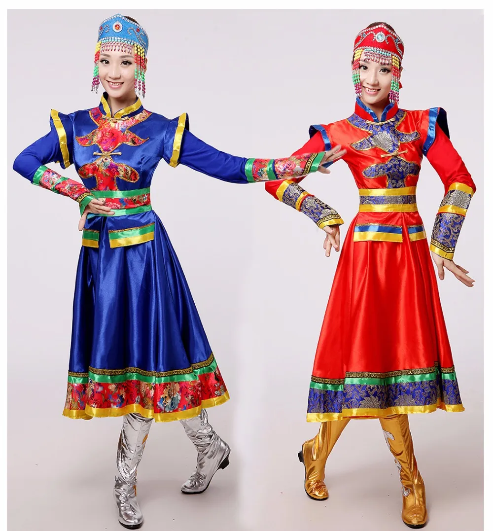 New Vermelho e azul dança tradicional mongol veste trajes de dança chineses desgaste das mulheres de representação cénica clássica para cantores