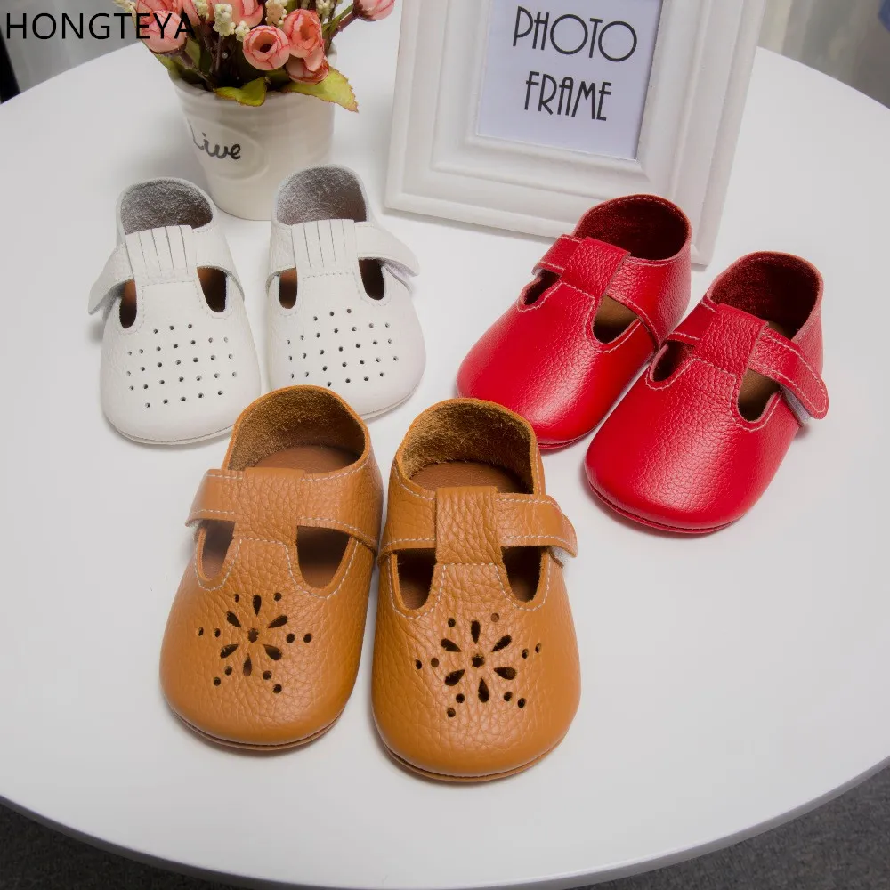 Hongteya T bar hollow flower Summer Genuine Leather Baby Moccasins Soft Baby Shoes girls first walker Anti slip Toddler Shoes