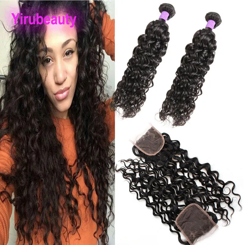 Extensões de cabelo humano cruas indianas 2 pacotes com fechamento de renda 4x4 com feixes de cabelo para bebês com fechamento médio livre de três partes de cor natural