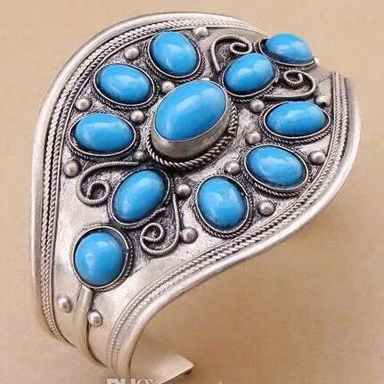 Turquoise manchet armband Tibet zilver gesneden bloem vrouw mode