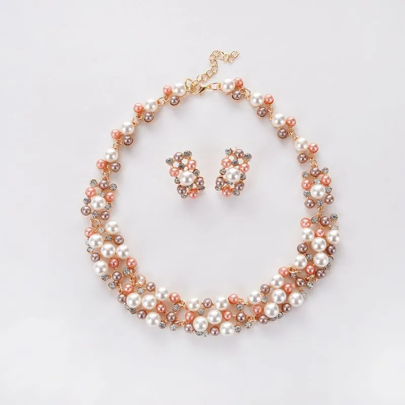 New Europe Party Wedding Jewelry Set Women's Faux Pearls Rhinestone Beaded Necklace With Earrings S91