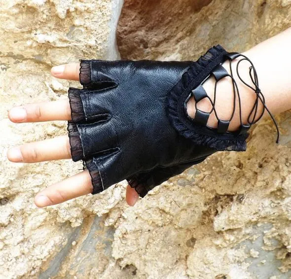 Gants sans doigts en cuir véritable noir pour femme, de 5 pièces, à la mode, pour la danse et le sport, GL12638