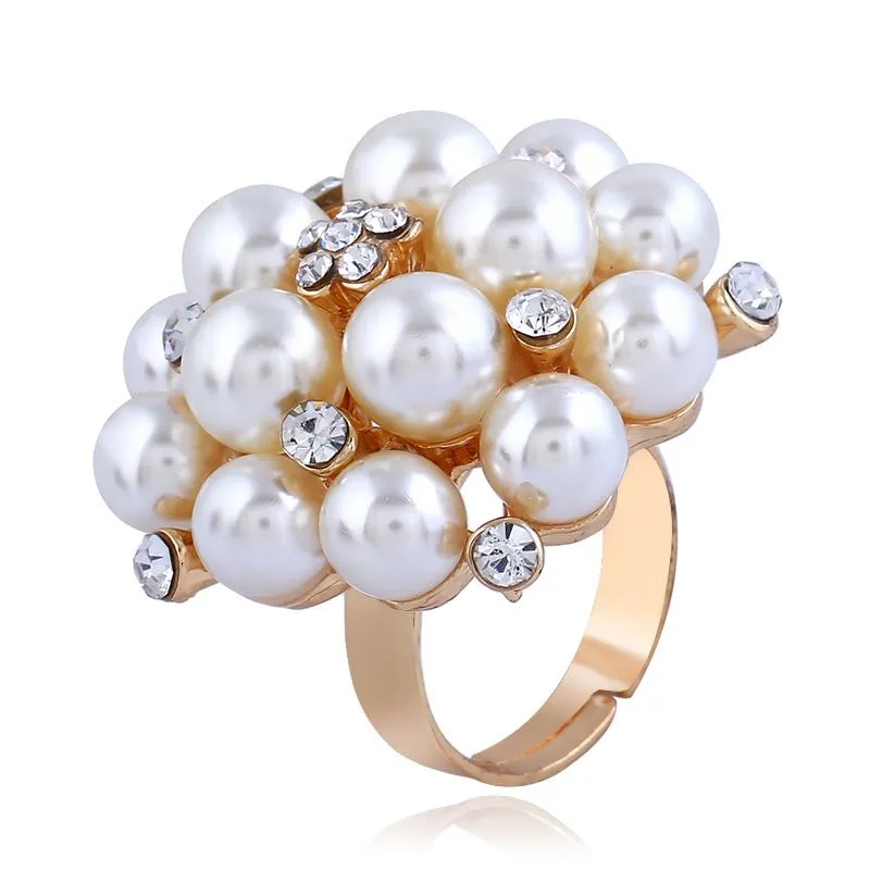 Index Finger Band Rings Pearls With Rhinestones Opening Adjustable Size Wedding Ring Fashion Women Jewelry Gold Alloy