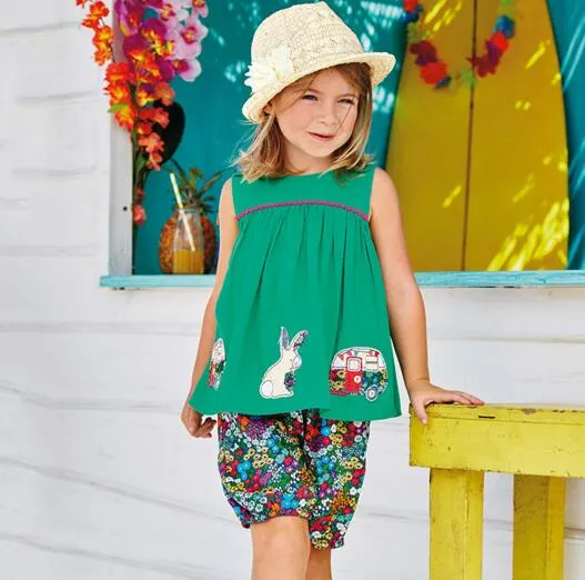 NEW girl Kids Clothes sets 100 Cotton Sleeveless cartoon tortoise rabbit flowers print girl set summer girl elegant casual t shir6152182