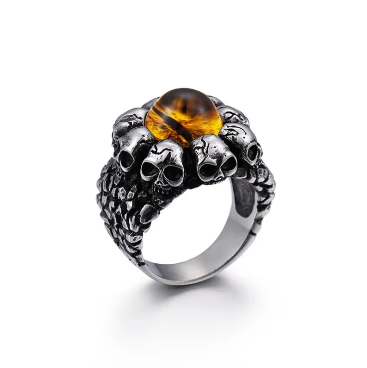 Vintage Men Boy Oval Tiger Opal Eye Red Yellow Stones Skull Kitos Ring Stainless Steel biker Jewelry Mens Accessories Anel Aneis