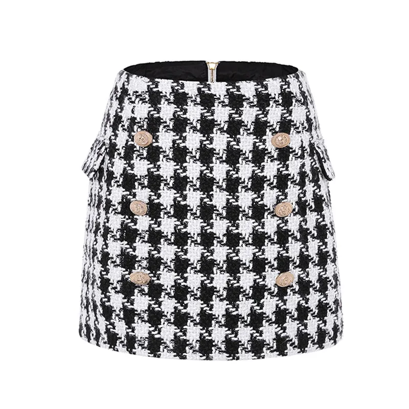 Premium New Style Toppkvalitet Original Design Kvinnors Dubbelbröst Klassisk Skirt Metall Buckles Houndstooth Tweed Paket Hip Miniskirt