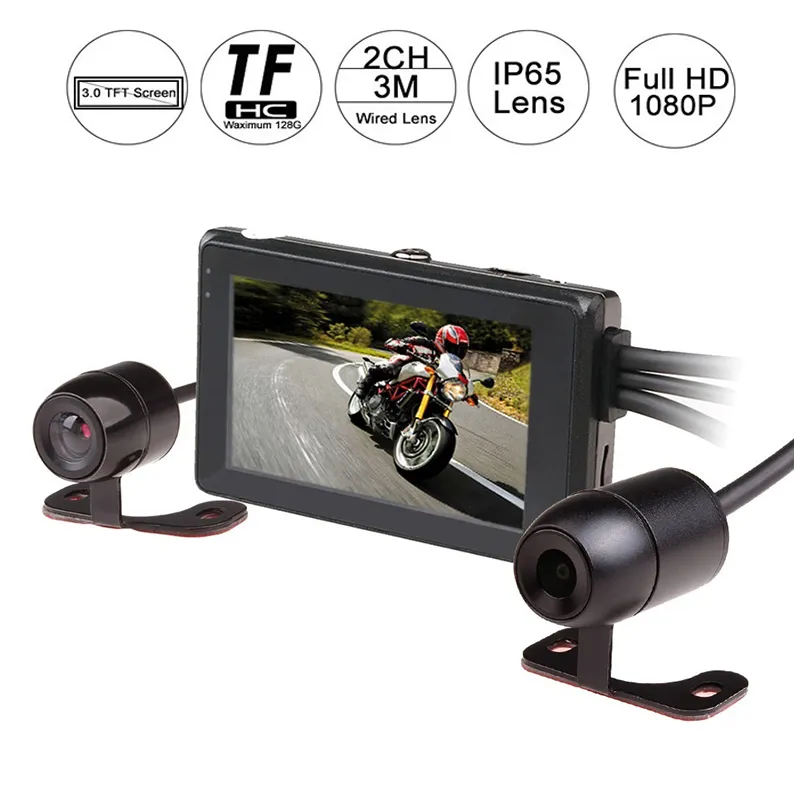 3.0 inç TFT Motosiklet Kamera Çift Lens Kaydedici Tam HD 1080p DVR Kamera Video Kaydedici Su Geçirmez Motor Değiştirme