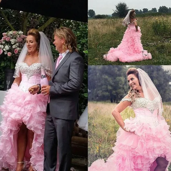 Очаровательный розовый высокий низкий свадебное платье кристаллы милая с плеча годовщины свадьбы платья оборками юбка корсет обратно высокое качество