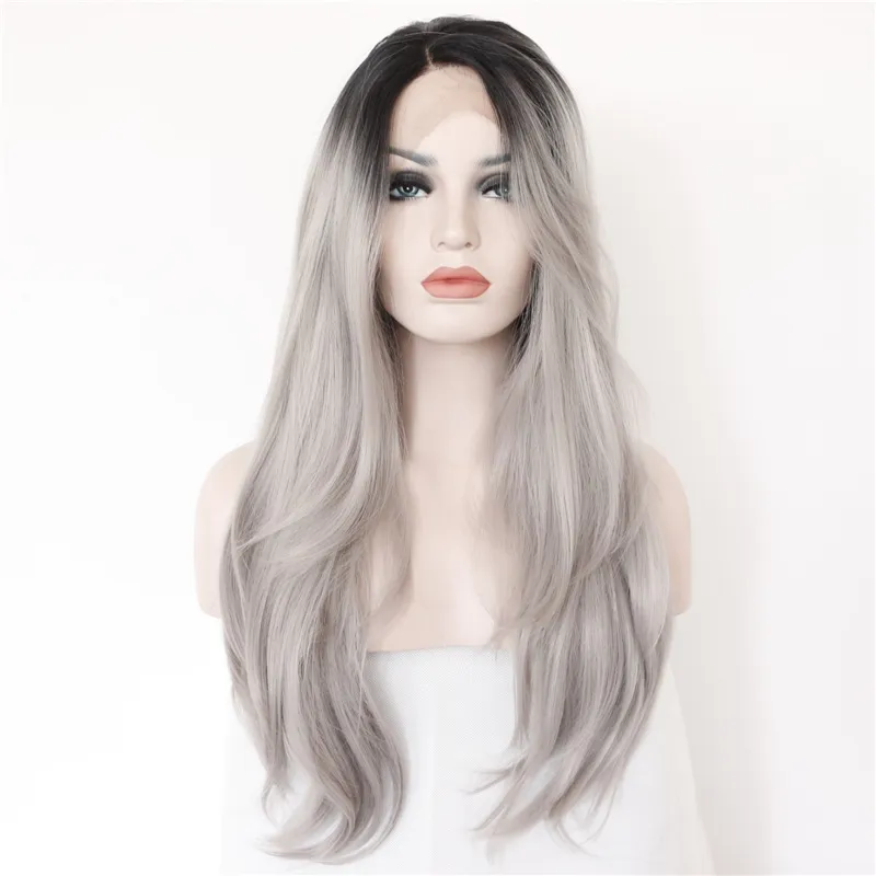 Chemical fiber front lace hook wig natural curvature foreign trade export high-grade gradient gray wig set ladies long straight hair