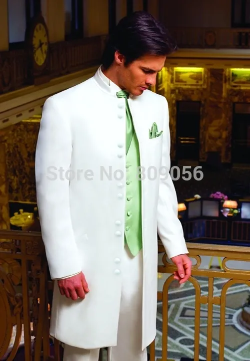 Mandarin Lapel White Long Groom Tuxedos Excelentes hombres Wedding Blazer Men Formal Business Prom Party Suit (Chaqueta + Pantalones + Corbata + Chaleco) 1144