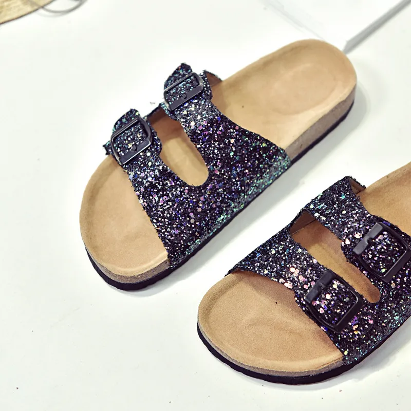 Wholesale Summer women luxury beach cork Slippers Casual Sandals Sequins Slides Double Buckle Clogs Women Slip on Flip Flops Flats Shoe