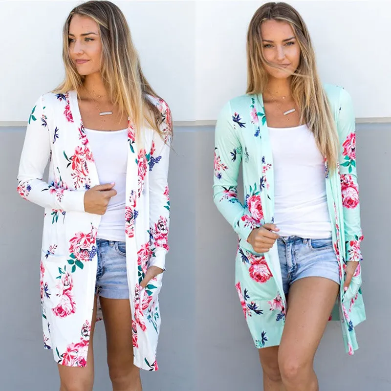 Printemps Femmes Floral Cardigan US Europe Style Top Casual Contraste Manches Longues Mince Outwear Manteau Top Vêtements À Vendre