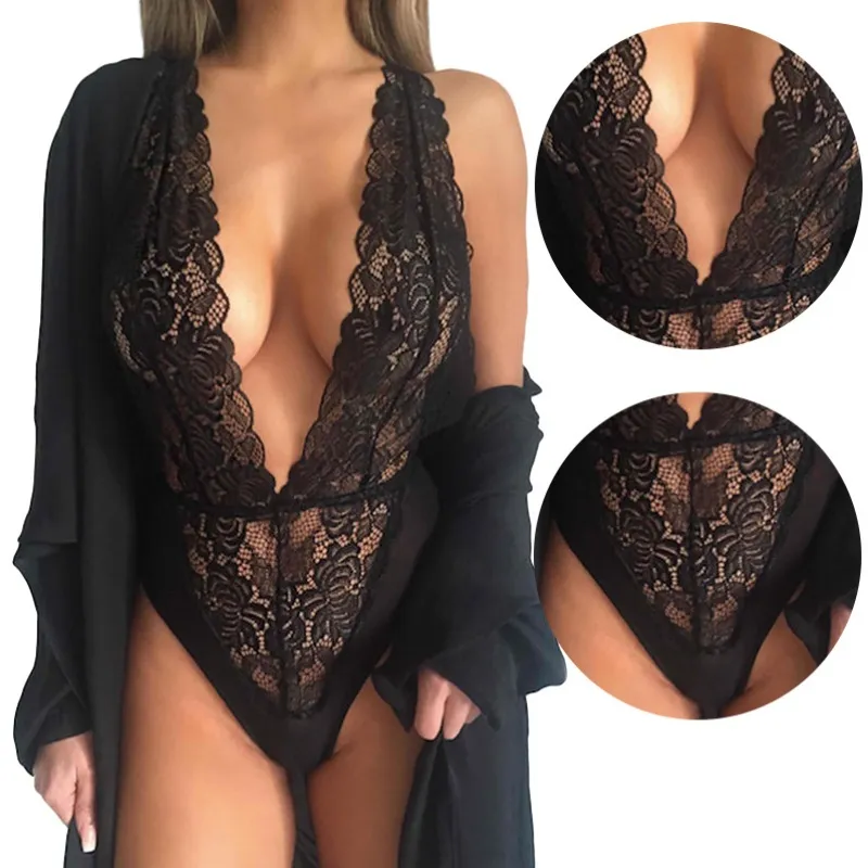 Women Sexy Lingerie Babydoll Nightgown Deep V-neck Lace Sleepdress Nightwear G-string Sleepwear Underwear S918