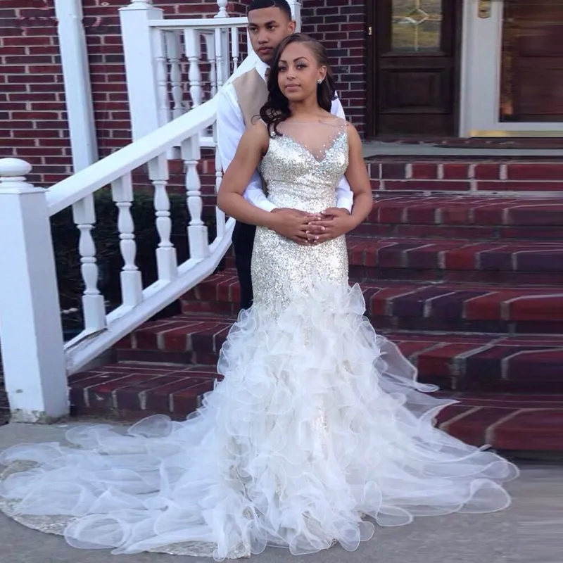 Silver And White Sequin Mermaid Feather Prom Dress With Sheer Neckline Sleeveless Design Tiered Bottom And Sweep Train Plus Size Available From Yate wedding 128.64 DHgate.Com