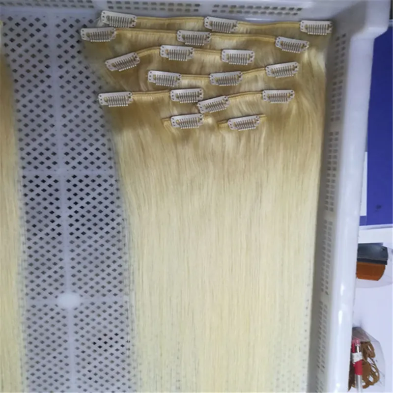 İnsan saç uzantılarında en kaliteli klip Brezilya bakire saç set 100g düz dalga sarışın renkli saç klipleri DHL6316843