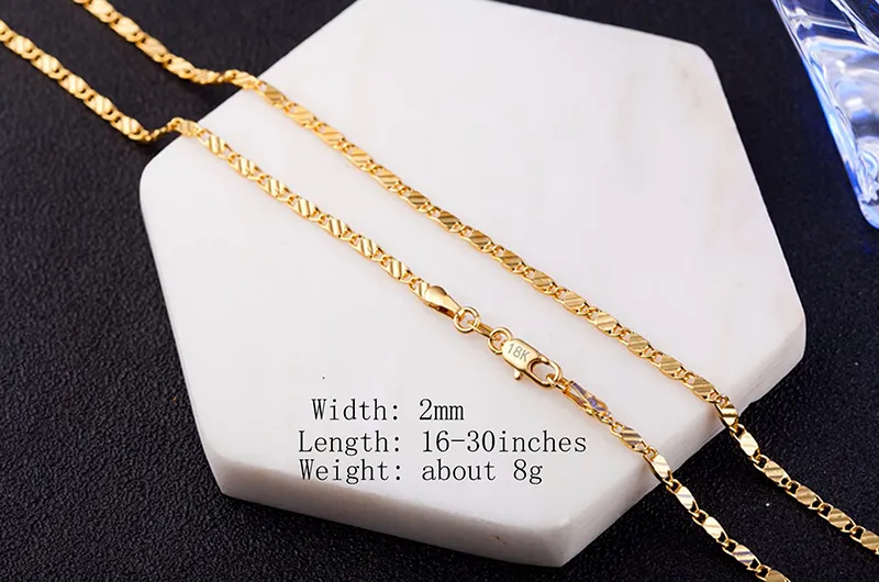 2mm 18k Gold Chains Collier Fashion Femme Couker Colliers Pour Dames Bijoux de luxe 16 18 20 22 24 26 28 30 Pièces