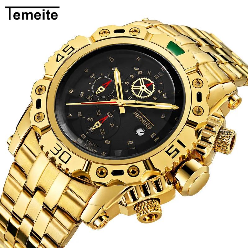 2018 Top  Temeite Business Casual Fashion Gold Quartz Watch Full stainless steel Casual men watches Male Clock Wristwatch R