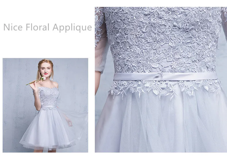 Açık Gri Gelinlik Modelleri Kapalı Omuz Yarım Kollu Pleats Tül Çiçek Aplike KNee Uzunluğu ile Düğün Parti Elbise Ucuz