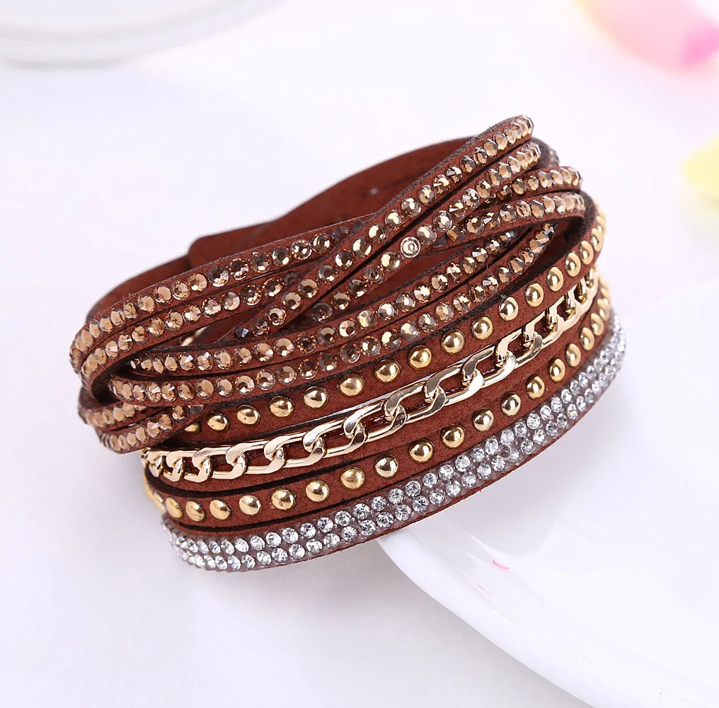 Korean Women Crystal Wrap wristband Multilayer Velvet Leather Diamond Bracelets bangle band cuff for Girl Fashion Jewelry Gift