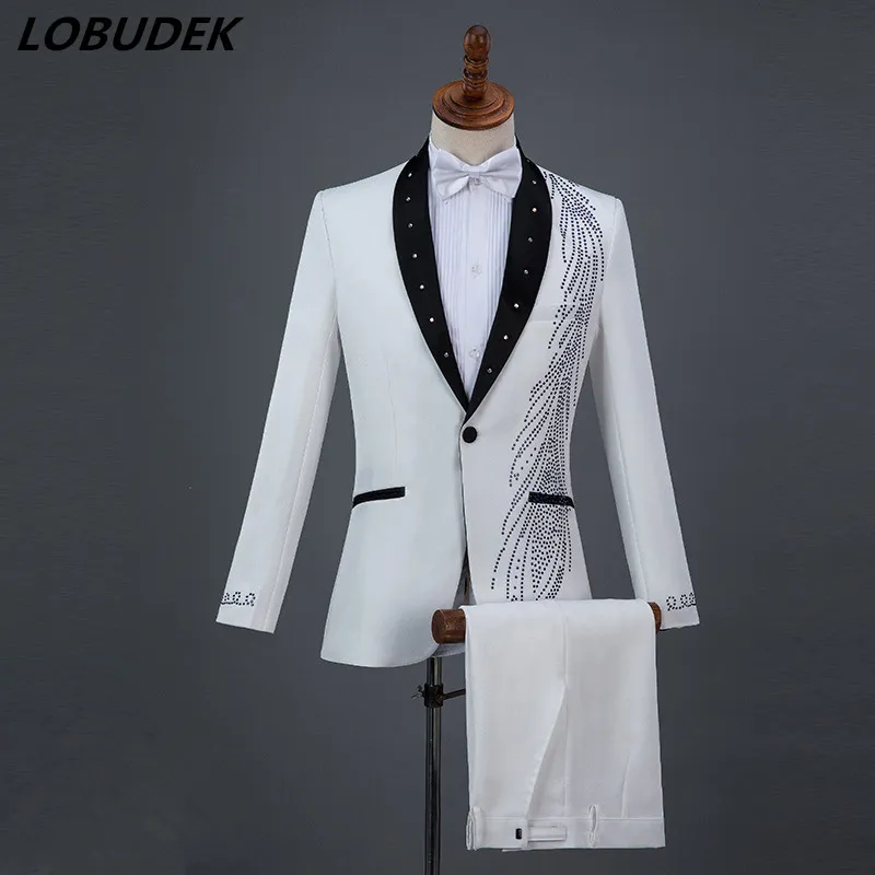 Formele Mannen Past Blue Black Crystals Blazers Musical Vocal Concert Singer Chorus Performance Costume Wedding Master Prom Compere Stage Pak