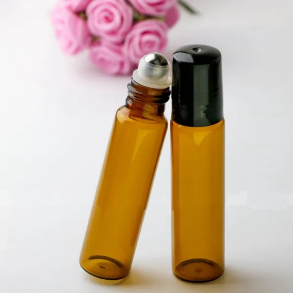 10ml Glass Amber Essential Oils Roller Flaskor Raffillerbar 10g Roll på Parfym / Aromaterapi / Organiska Skönhetsflaskor Med Rostfri Stell Boll