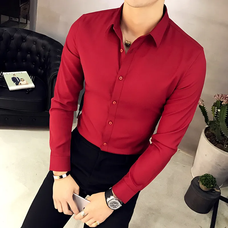 Mens Long Sleeve Oxford Dress Shirts Slim Fit Solid Color Male Business Casual Korean Version Office Wear In Maroon Shirt For Men From Fangfen 16.65 DHgate.Com