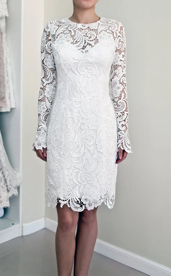 Long Sleeves Lace Sheath Fitted Short Wedding Dresses With Sheer Sleeves Informal Simple Reception Bridal Gowns